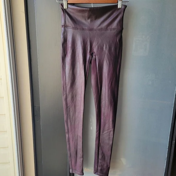 Spanx Leggings Womens SP Brown Metallic Faux Leather Pants Shiny Stretch Bodycon - Picture 2 of 7